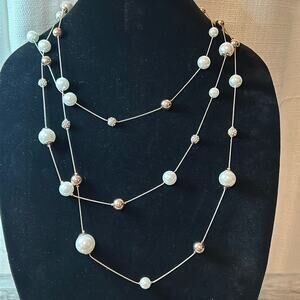 Ann Taylor Factory Extra Long Chain Pearl Necklace #183 gold tone